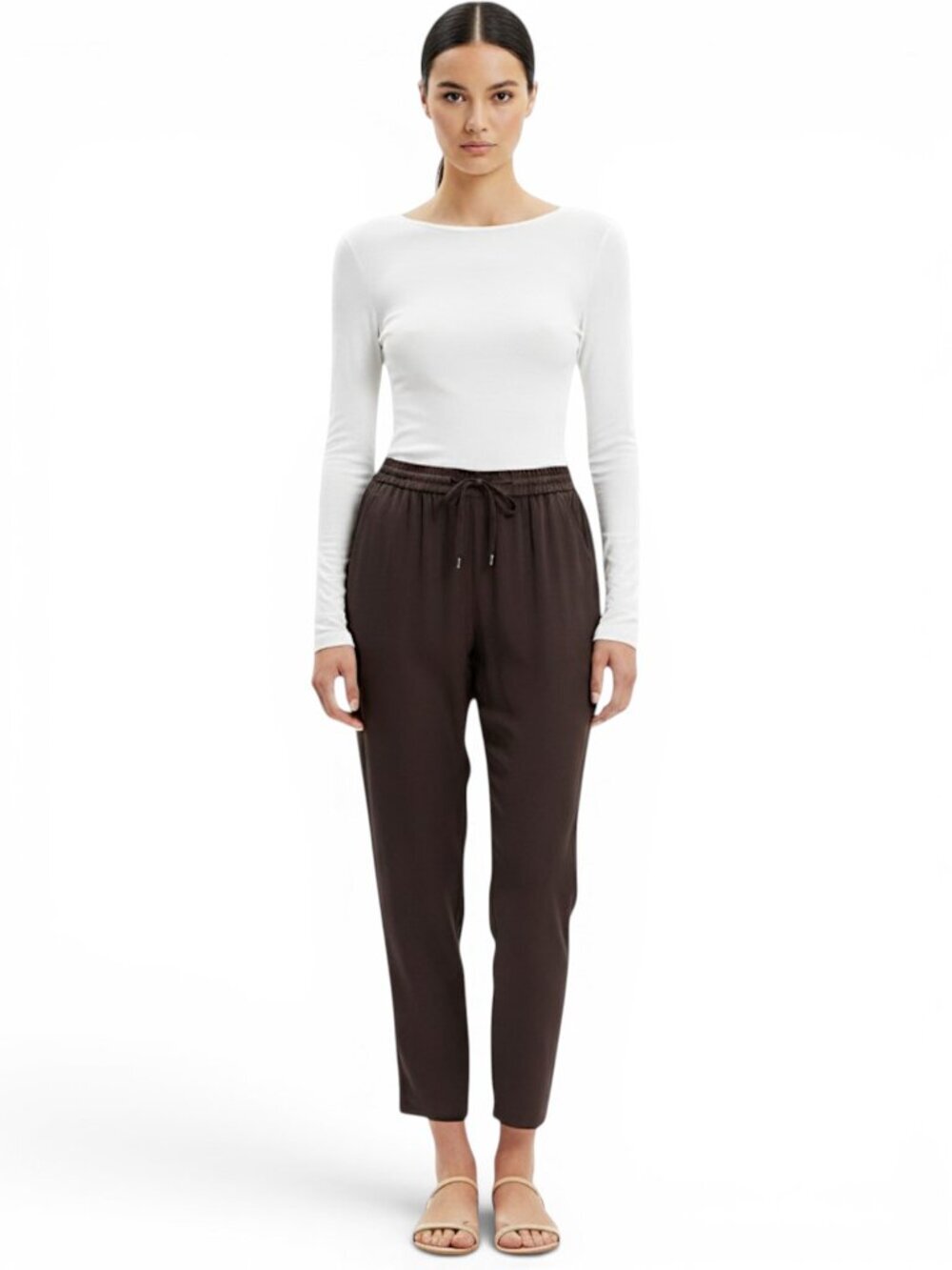 Eileen Fisher Dark Brown 100% Silk Slouchy Drawstring Waist Tapered Crop Pants S